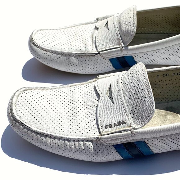 Men’s White Prada Leather Perforated Driving Shoes with Stripes Italy US 10.5 - Picture 2 of 10